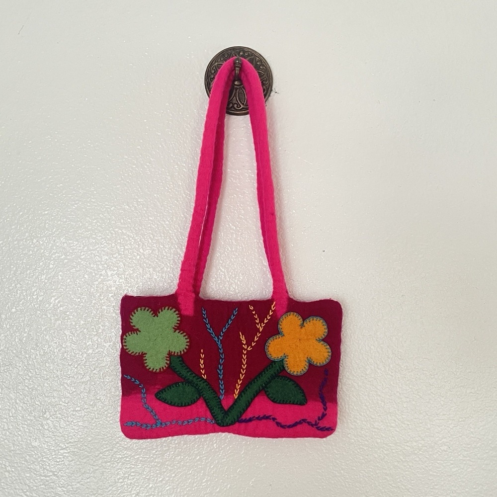 Hand‎ Made Felted Wool Purse Pink With Green And Orange Flowers